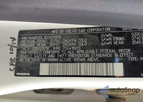 2013 Volvo Xc60 3.2/3.2 Platinum/3.2 Premier/3.2 Premier Plus z USA, uszkodzony, nr VIN YV4952DL3D2405978